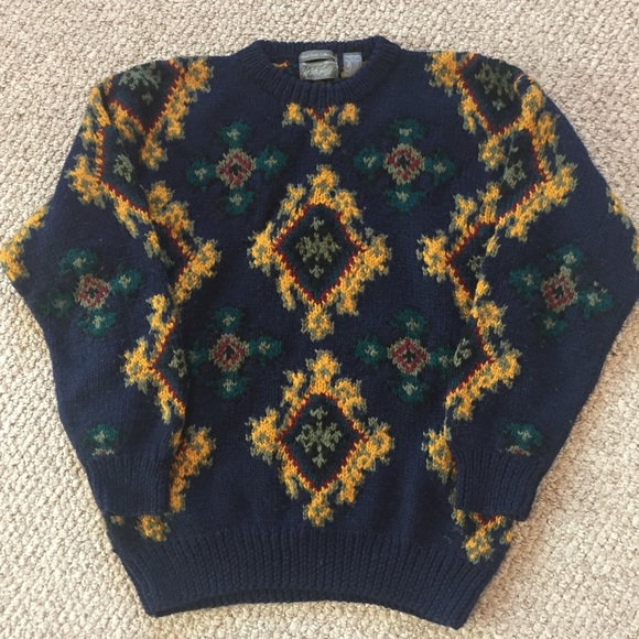 Navy Blue Hand Knit Wool Sweater - Picture 2 of 4